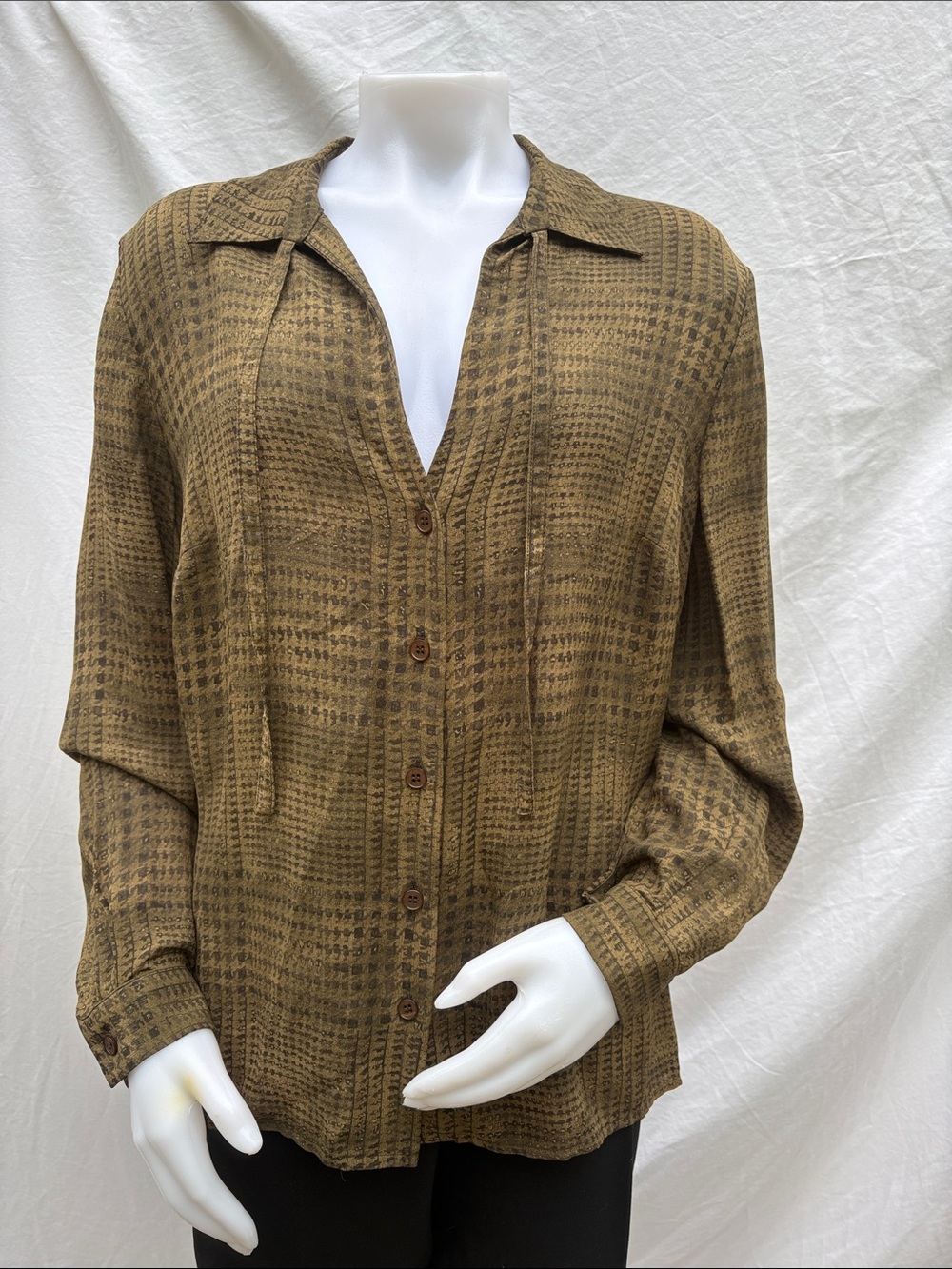 Jones New York Olive Brown Houndstooth Button-Up Blouse - Picture 9 of 11
